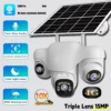 Home Security 4G IP Solar Camera Triple Screen 360°PTZ 10x Zoom CCTV 15MP Wireless Surveillance Security Protection IP Camera