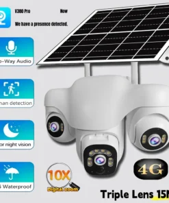 Home Security 4G IP Solar Camera Triple Screen 360°PTZ 10x Zoom CCTV 15MP Wireless Surveillance Security Protection IP Camera