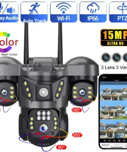 WiFi Security Camera 3 Lens Outdoor Protection 15MP HD Night Vision PTZ Rotate CCTV Cameras Motion Detection Video Surveillance